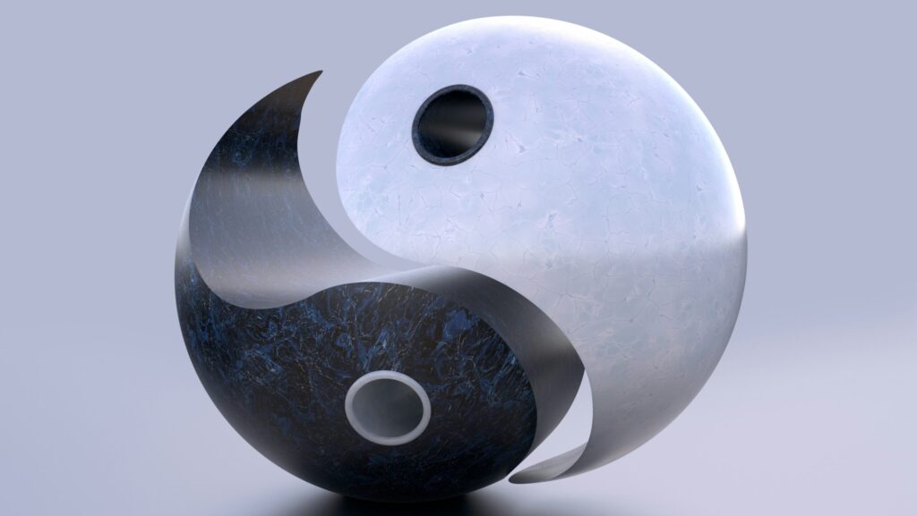 Sleek 3D yin‑yang sphere showing intertwined light and dark marble textures, symbolizing balance and duality, with smooth reflective surfaces on a soft gray background.