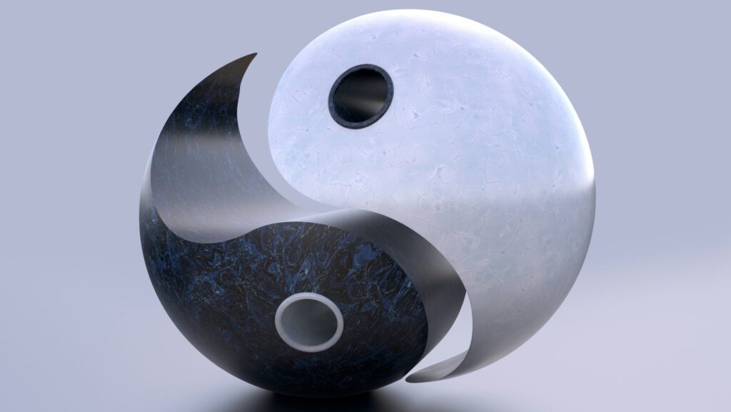 Sleek 3D yin‑yang sphere showing intertwined light and dark marble textures, symbolizing balance and duality, with smooth reflective surfaces on a soft gray background.